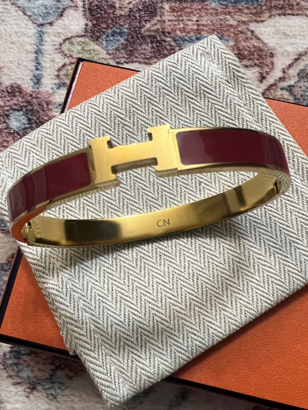 Gold and Burgundy Enamel H-Style Cuff Bracelet